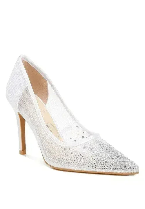 Rhinestone Mesh Stiletto Pumps – 4" Pointed Toe Dress Heel | Femstylo