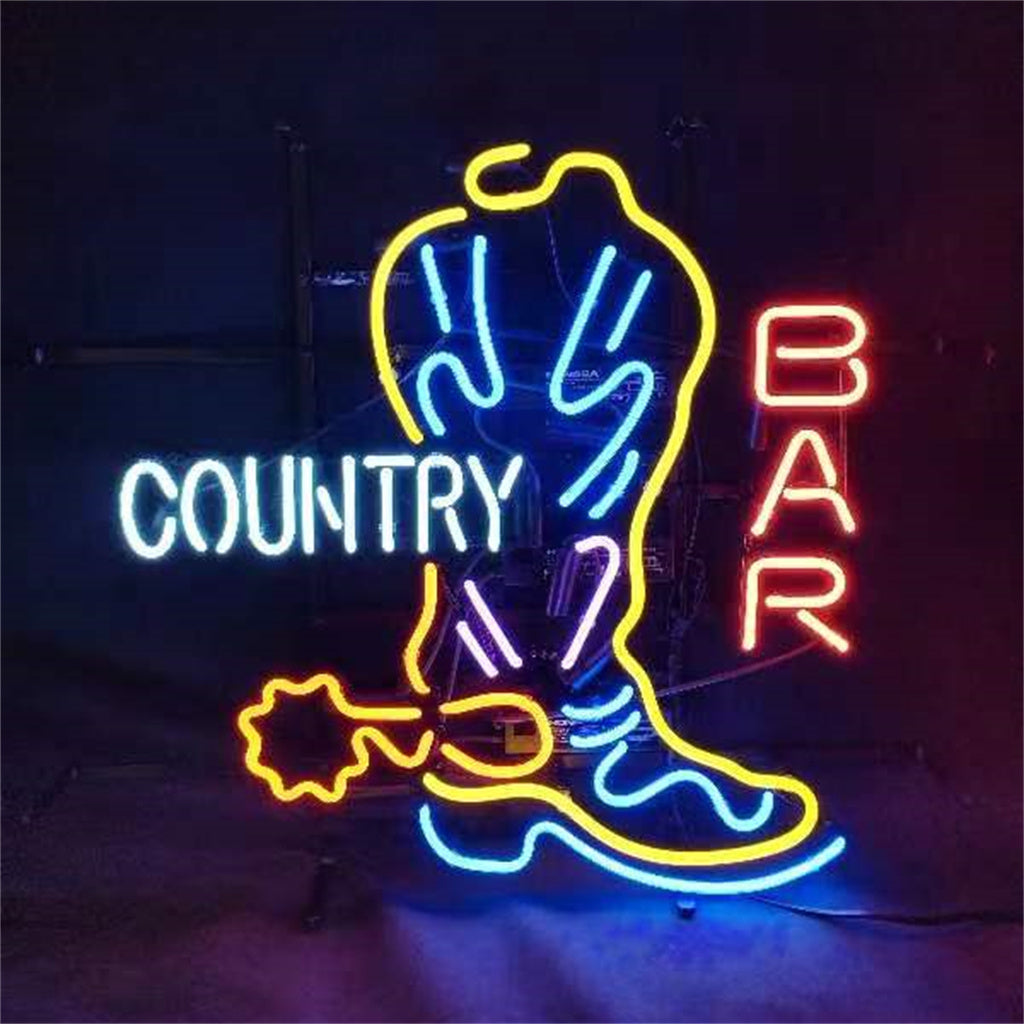 Country Bar Cowboy Boot Neon Sign | Real Glass Tube & Metal Grid