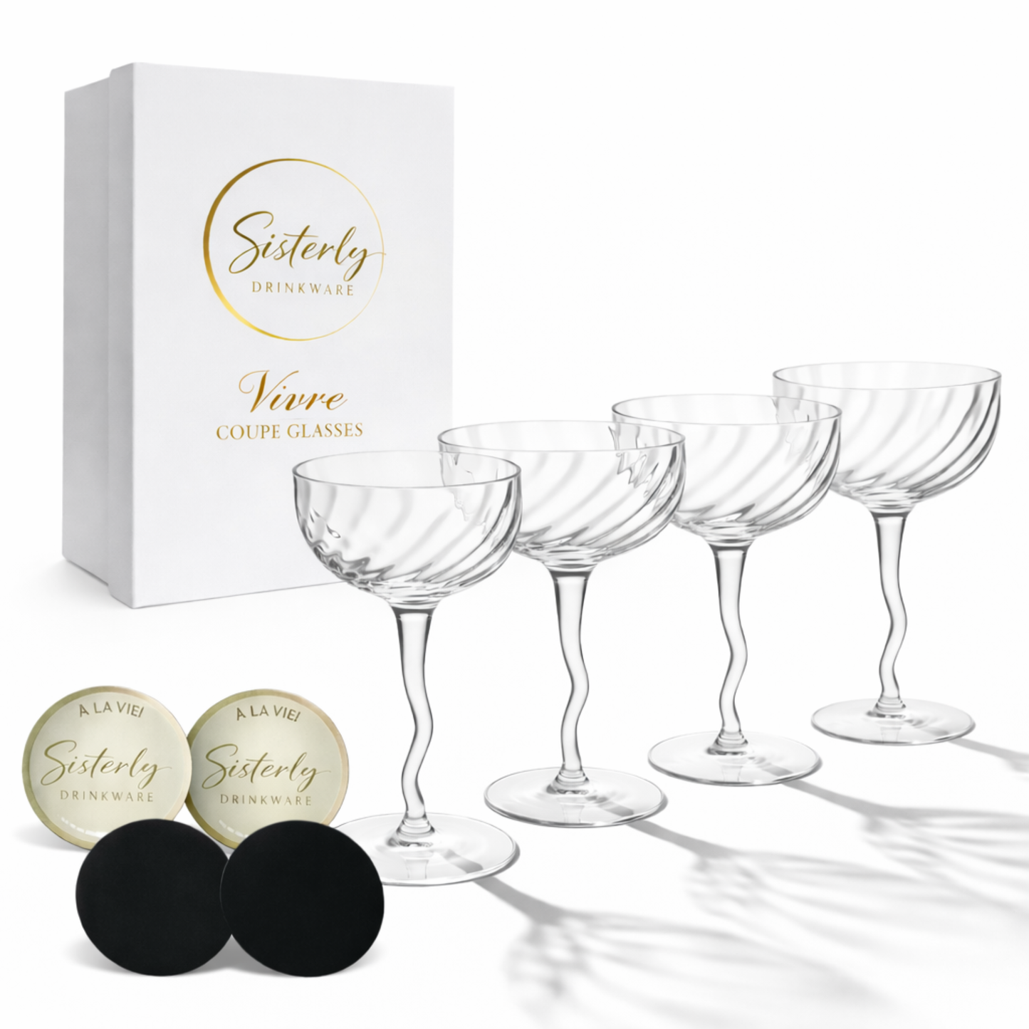 Vivre Crystal Coupe Glasses – Set of 4 with Coasters & Gift Box | Sister.ly Drinkware