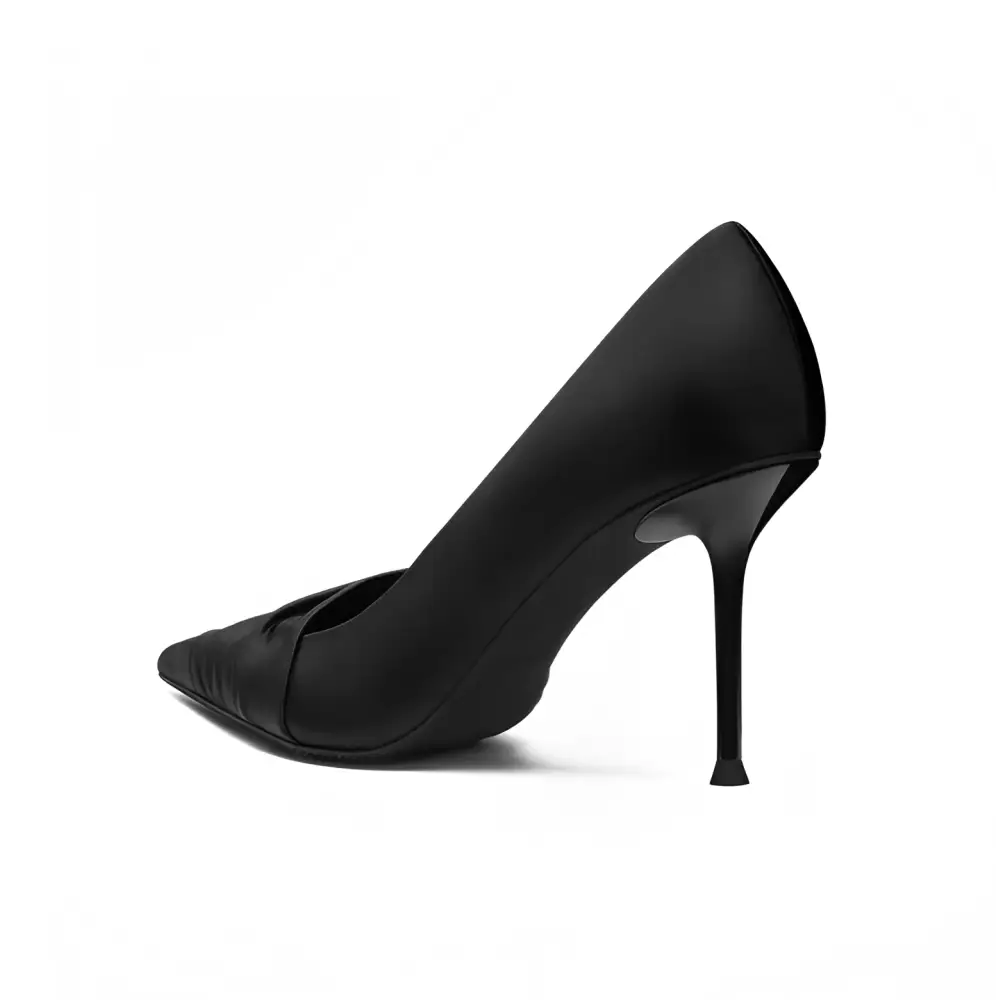 Ruched Black Satin Stiletto Heels – Pointed Toe | Royalessencelux