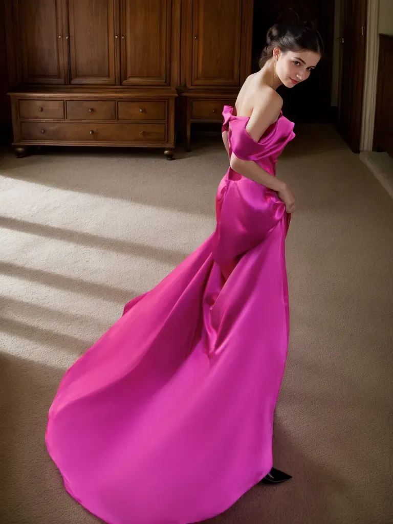 Radiant Fuchsia Off-Shoulder Satin Gown – Elegant Train | Custom Made-to-Measure | SelenaHuanStudio