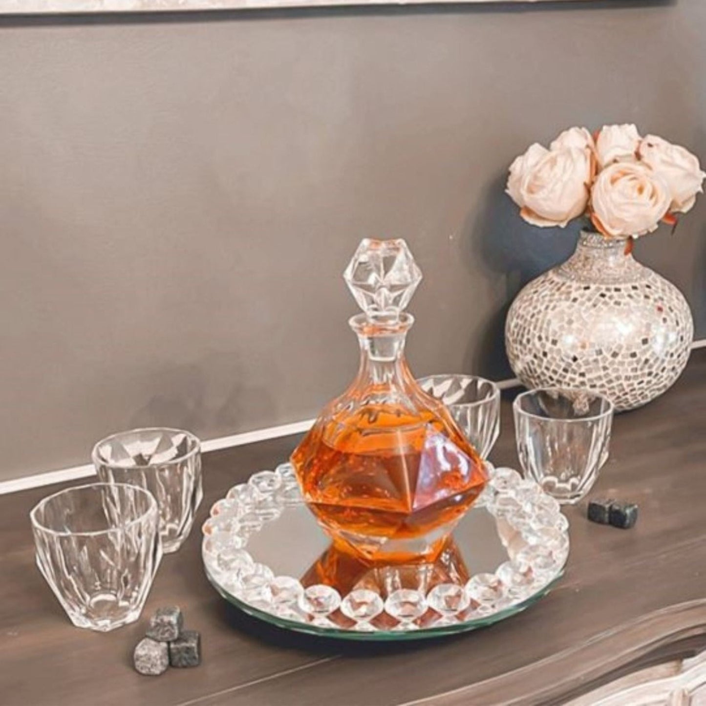 Diamond Decanter Set – 32 oz Decanter, 4 Glasses & Marble Stones | Sister.ly Drinkware