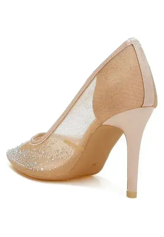 Rhinestone Mesh Stiletto Pumps – 4" Pointed Toe Dress Heel | Femstylo