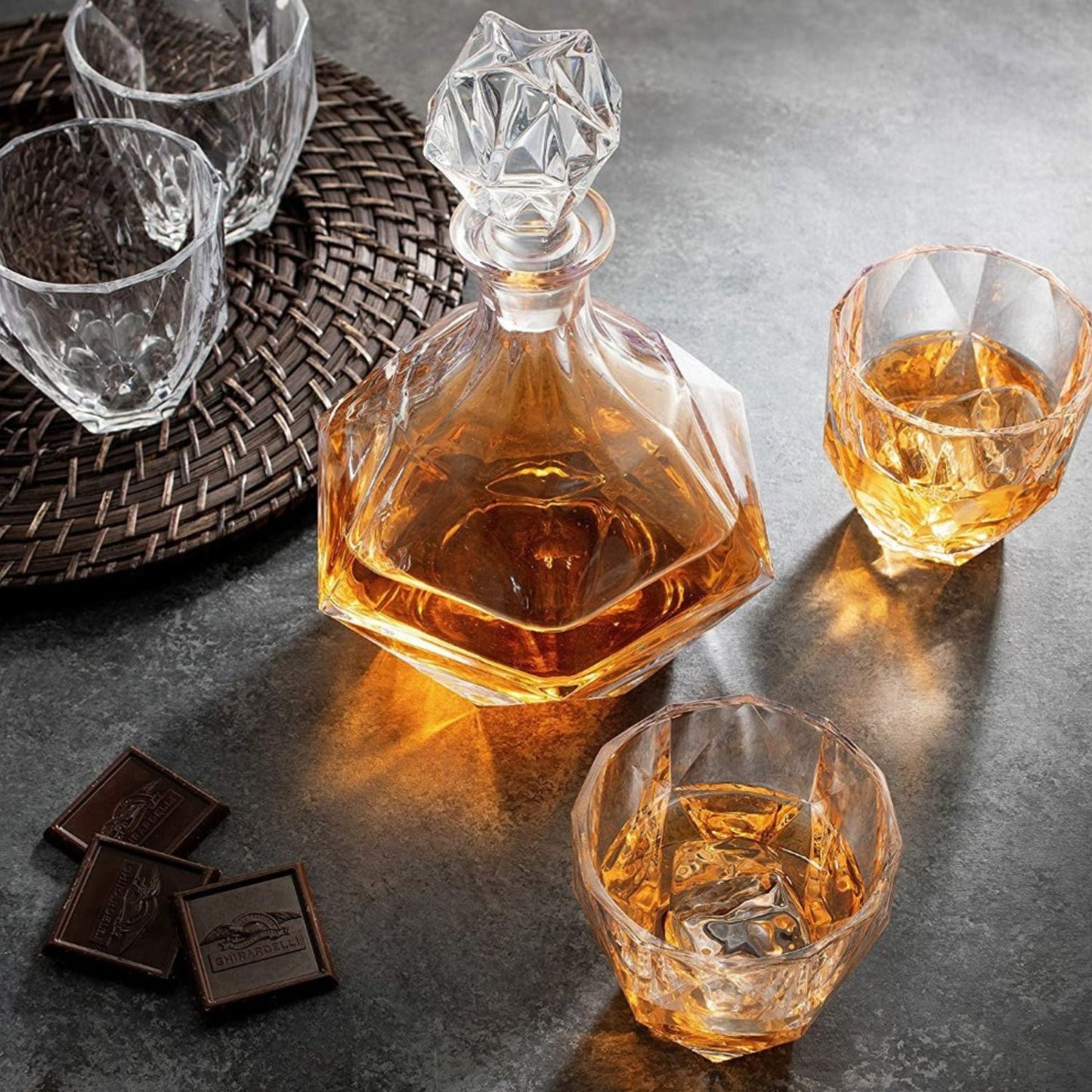 Diamond Decanter Set – 32 oz Decanter, 4 Glasses & Marble Stones | Sister.ly Drinkware
