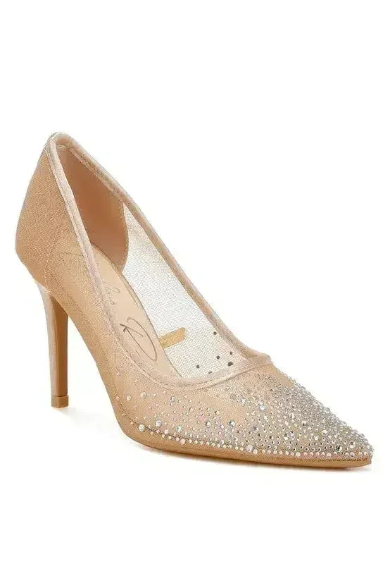 Rhinestone Mesh Stiletto Pumps – 4" Pointed Toe Dress Heel | Femstylo