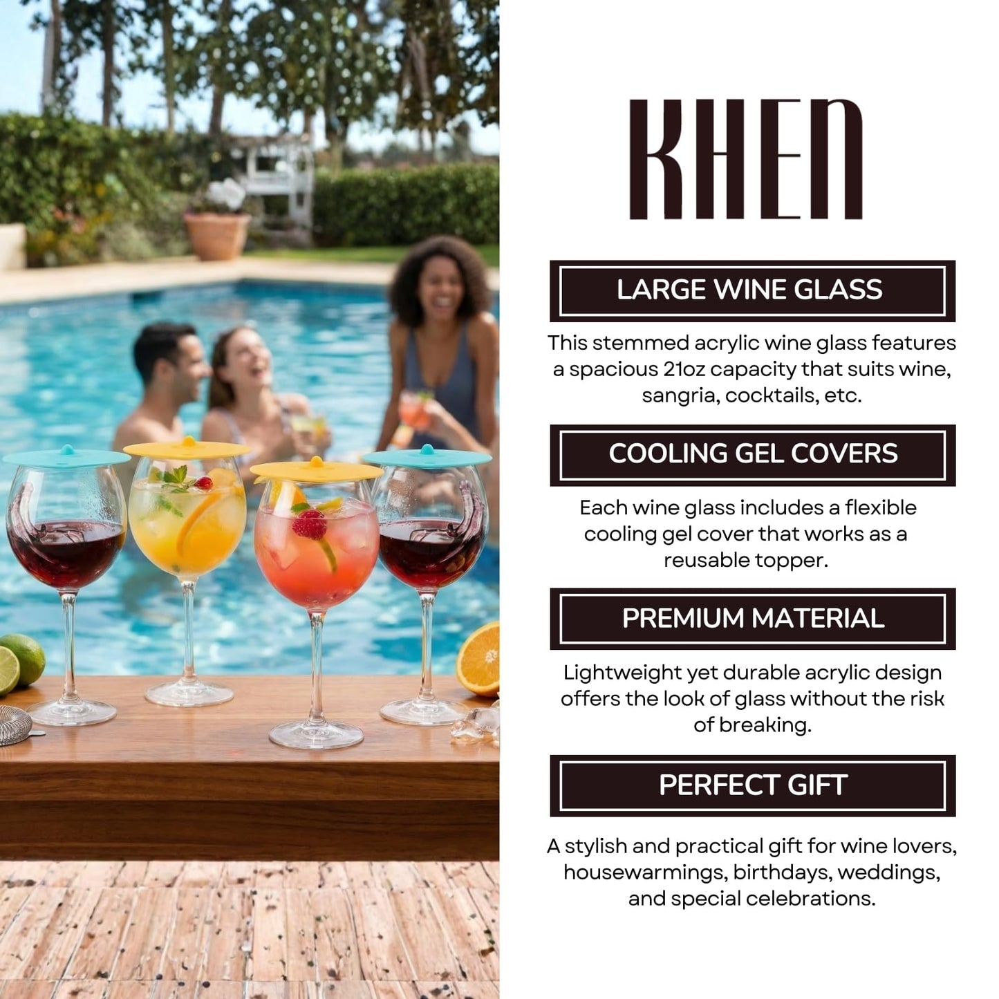 Floating Pool Wine Glasses with Lids | Set of 4, 21oz Acrylic Stemware