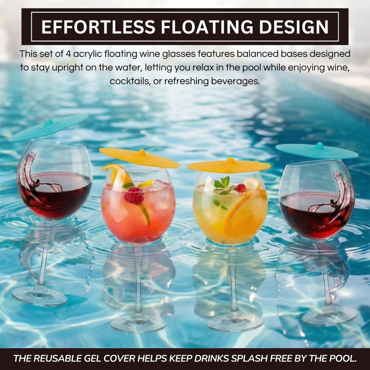 Floating Pool Wine Glasses with Lids | Set of 4, 21oz Acrylic Stemware