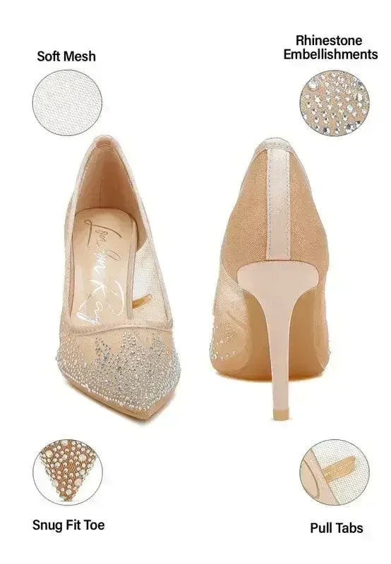 Rhinestone Mesh Stiletto Pumps – 4" Pointed Toe Dress Heel | Femstylo