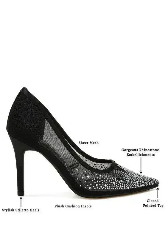 Rhinestone Mesh Stiletto Pumps – 4" Pointed Toe Dress Heel | Femstylo