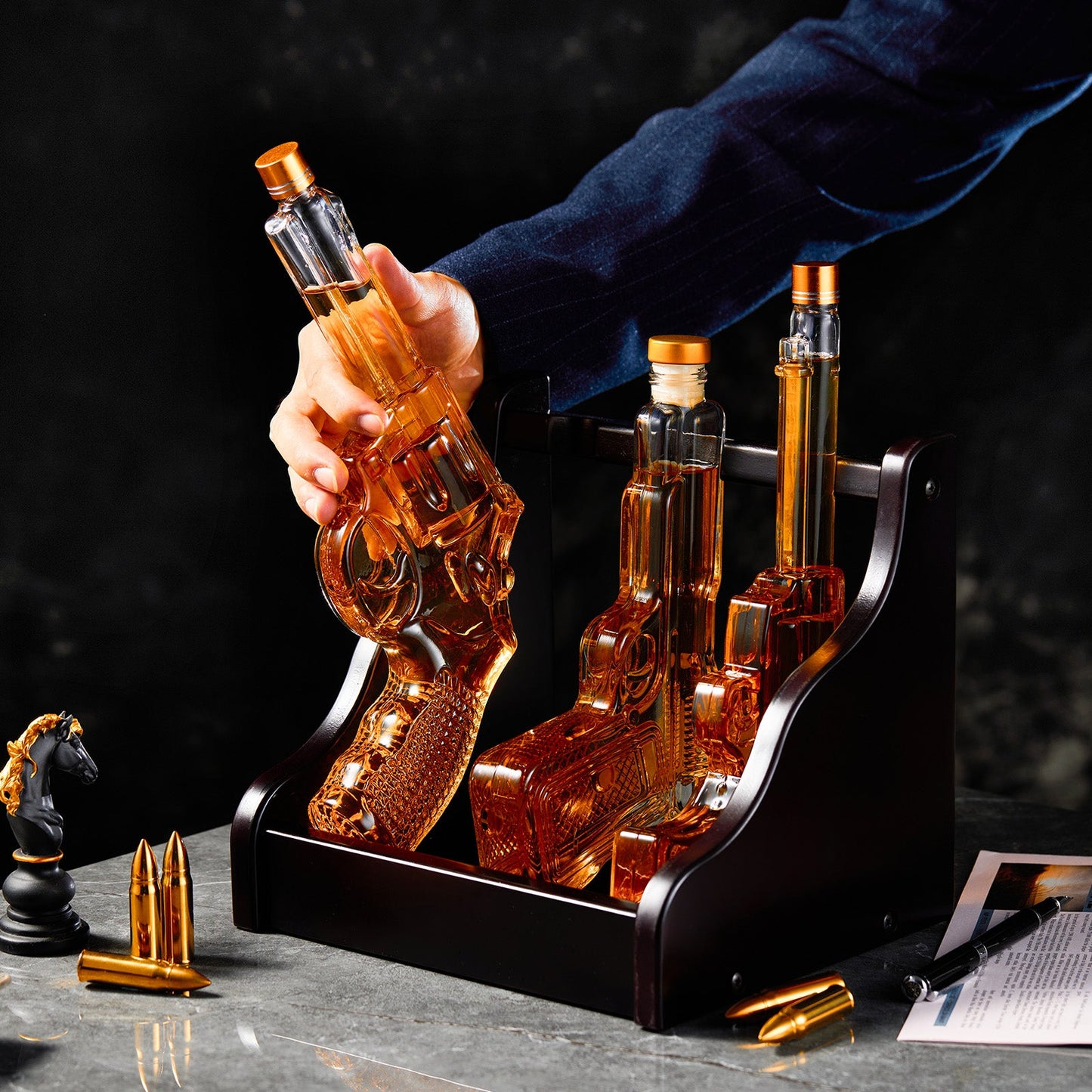 Triple Gun Whiskey Decanter Set | 3-Piece Borosilicate Glass Barware