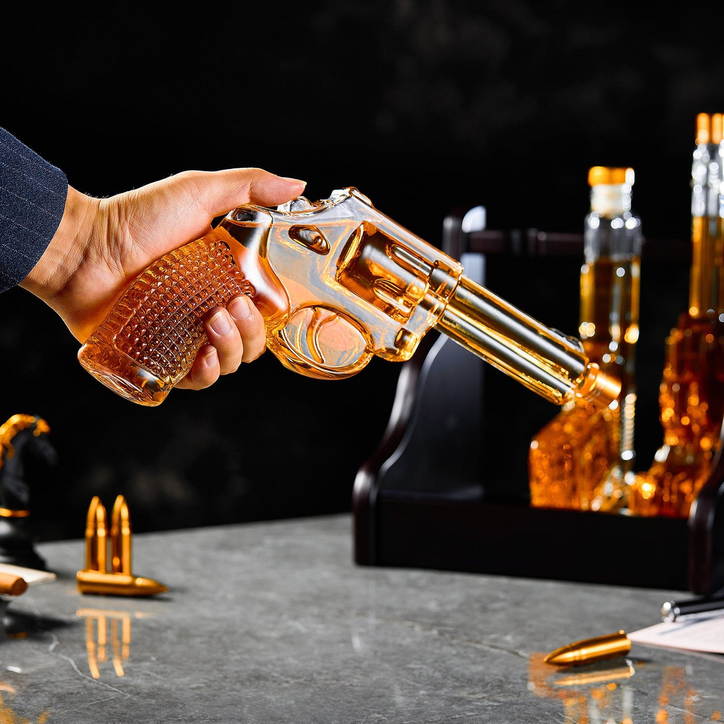 Triple Gun Whiskey Decanter Set | 3-Piece Borosilicate Glass Barware