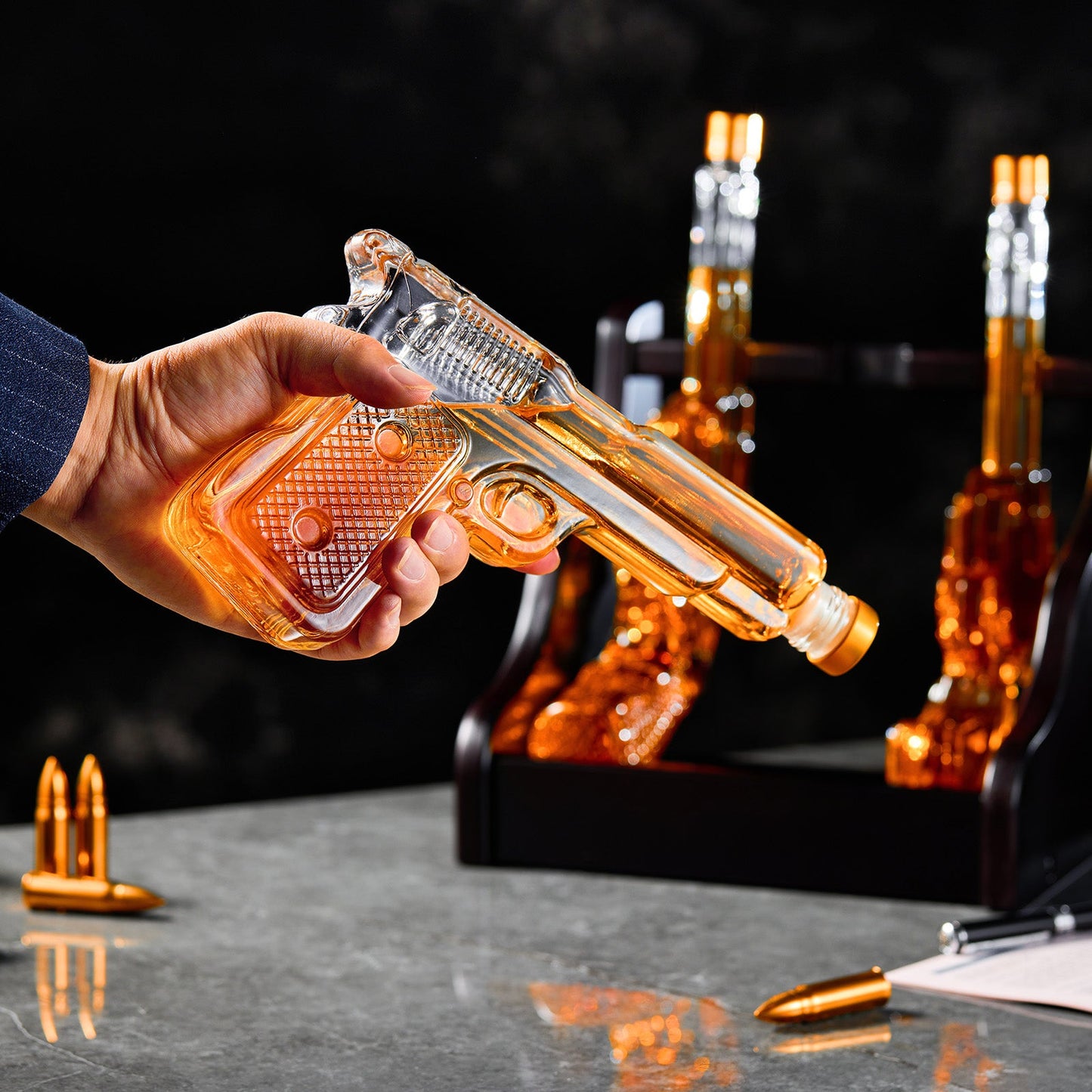 Triple Gun Whiskey Decanter Set | 3-Piece Borosilicate Glass Barware