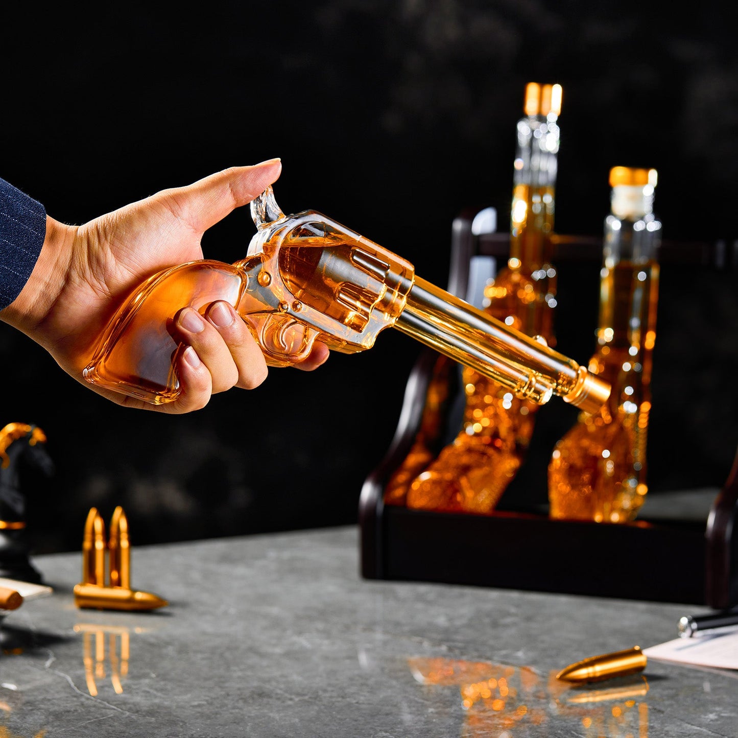 Triple Gun Whiskey Decanter Set | 3-Piece Borosilicate Glass Barware