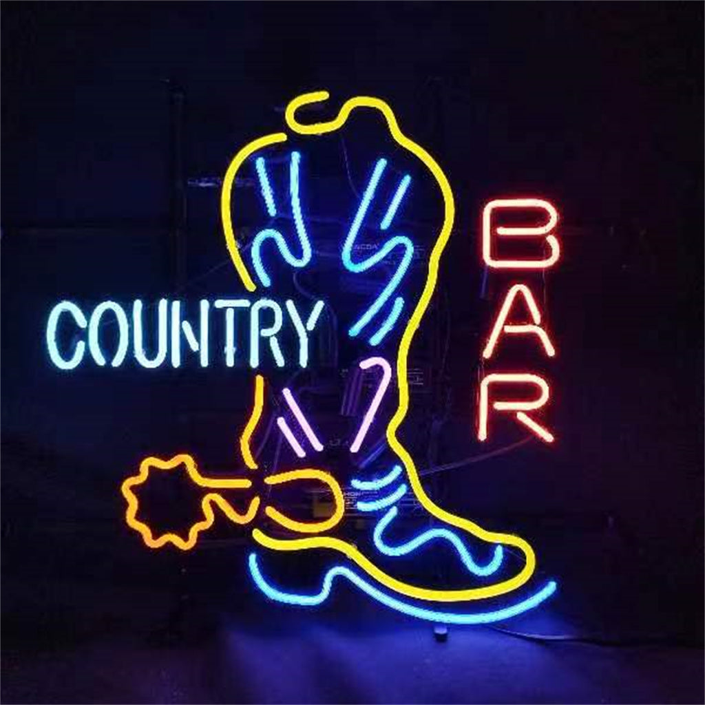 Country Bar Cowboy Boot Neon Sign | Real Glass Tube & Metal Grid