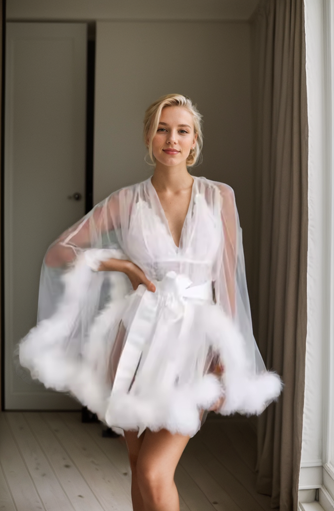 Sheer Bridal Robe with Feathered Hem & Satin Tie – Custom Sizing | SelenaHuanStudio