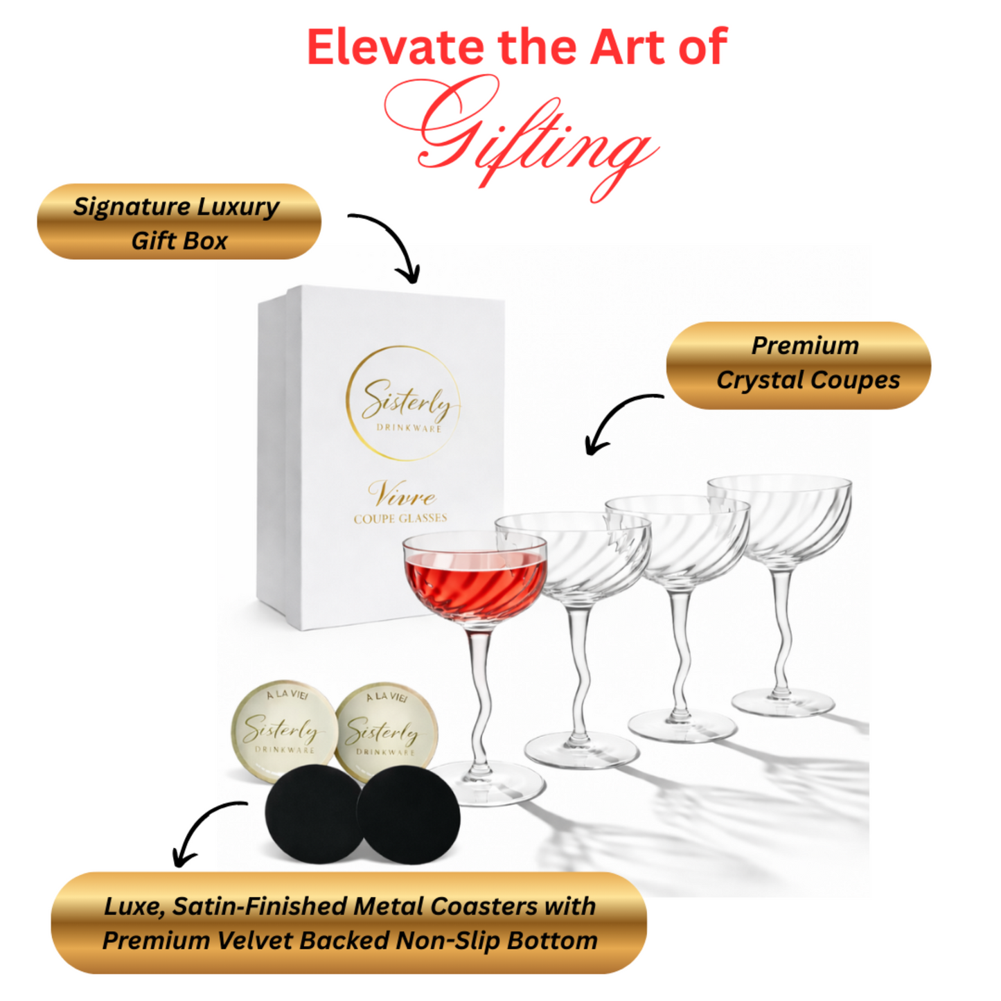 Vivre Crystal Coupe Glasses – Set of 4 with Coasters & Gift Box | Sister.ly Drinkware