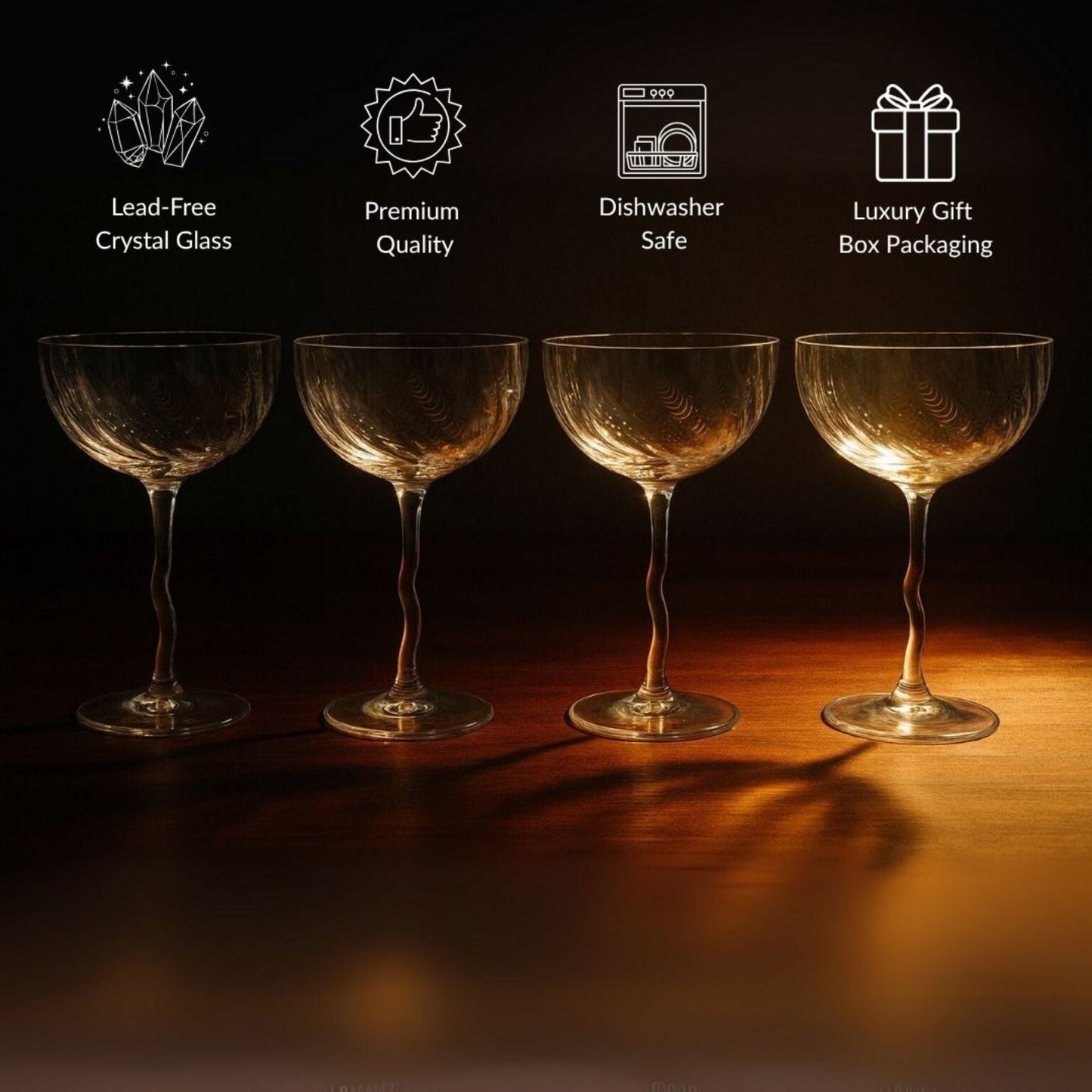 Vivre Crystal Coupe Glasses – Set of 4 with Coasters & Gift Box | Sister.ly Drinkware