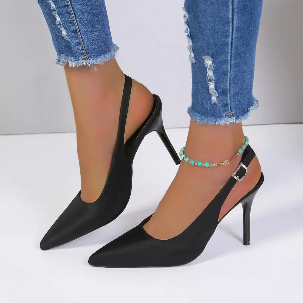 Satin Closed-Toe High Heel – Pointed Silhouette in Black & Blue | Royalessencelux