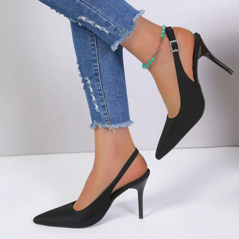Satin Closed-Toe High Heel – Pointed Silhouette in Black & Blue | Royalessencelux