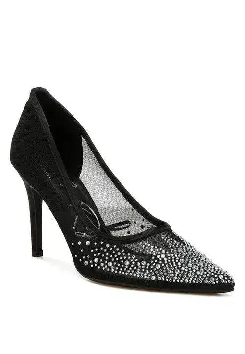 Rhinestone Mesh Stiletto Pumps – 4" Pointed Toe Dress Heel | Femstylo