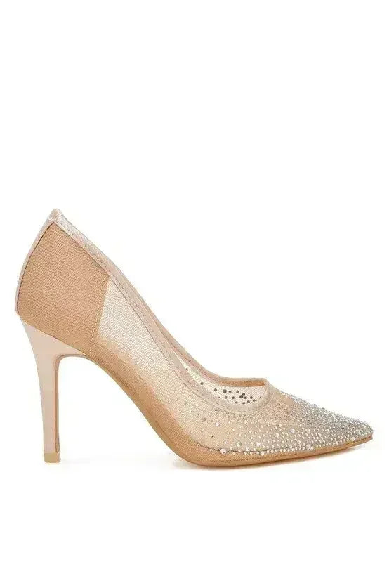 Rhinestone Mesh Stiletto Pumps – 4" Pointed Toe Dress Heel | Femstylo