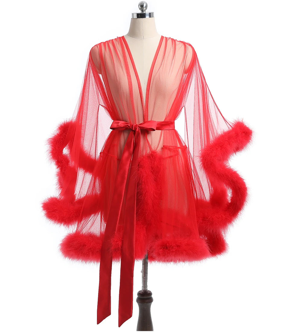 Sheer Bridal Robe with Feathered Hem & Satin Tie – Custom Sizing | SelenaHuanStudio