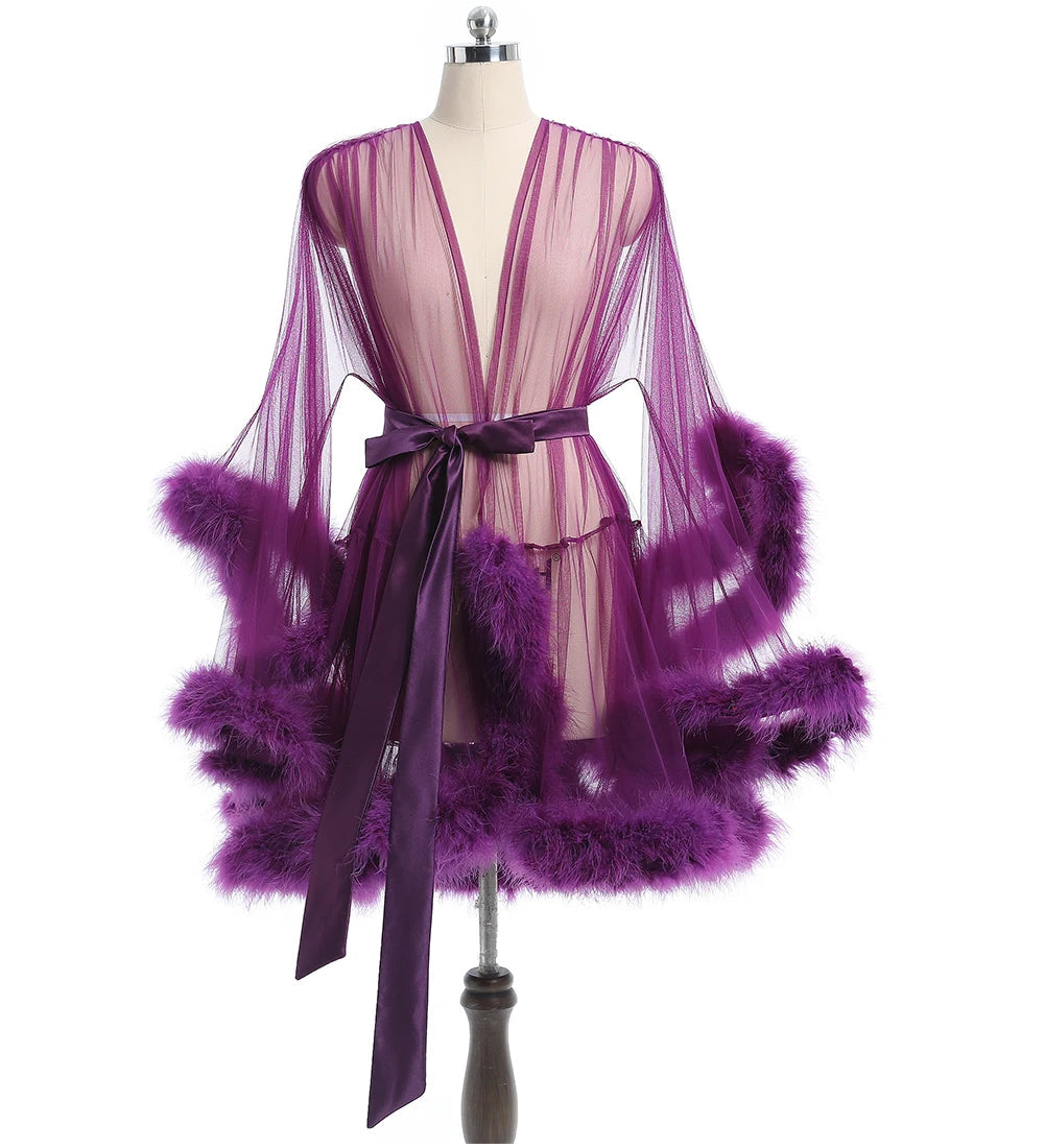 Sheer Bridal Robe with Feathered Hem & Satin Tie – Custom Sizing | SelenaHuanStudio