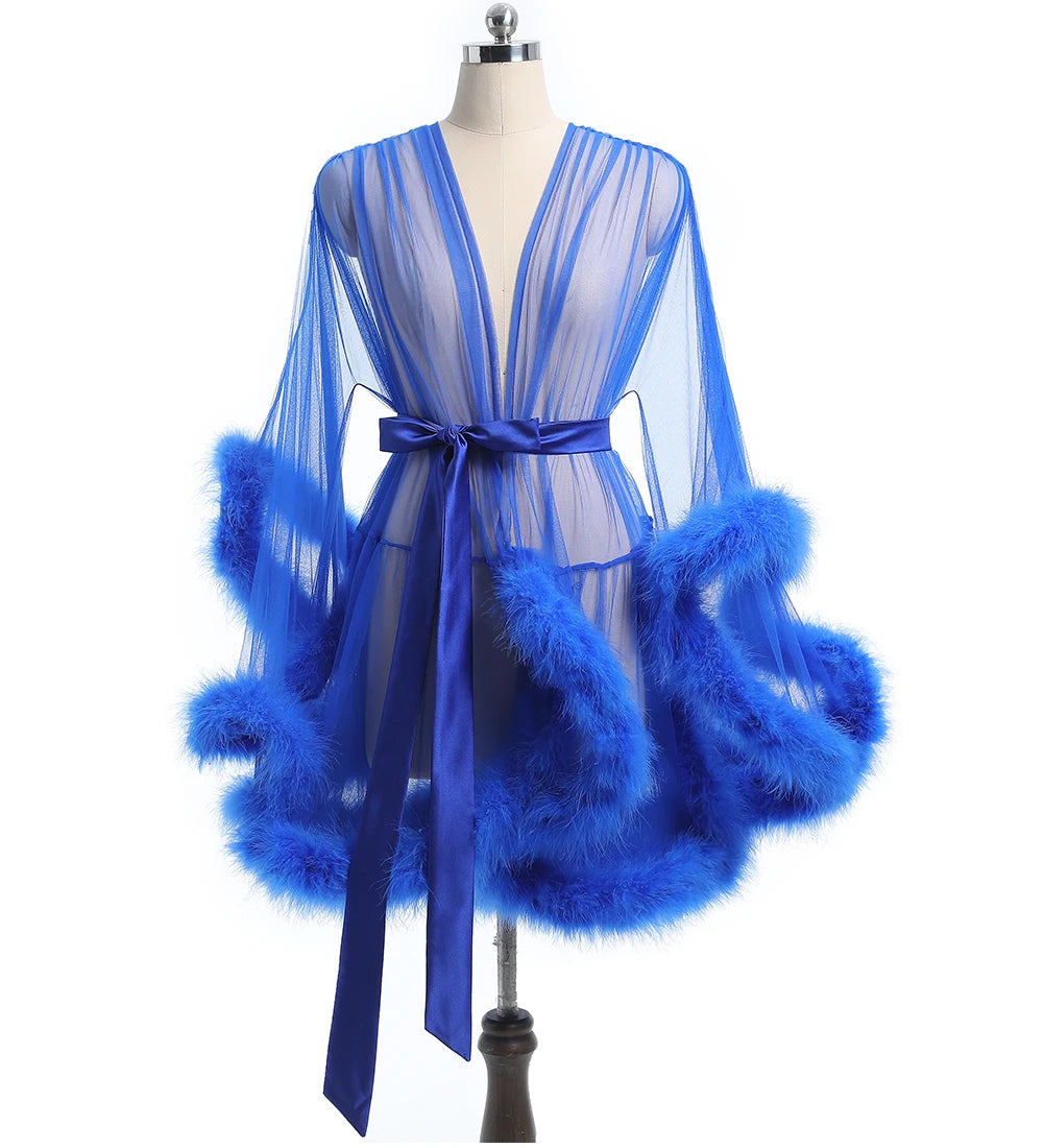 Sheer Bridal Robe with Feathered Hem & Satin Tie – Custom Sizing | SelenaHuanStudio