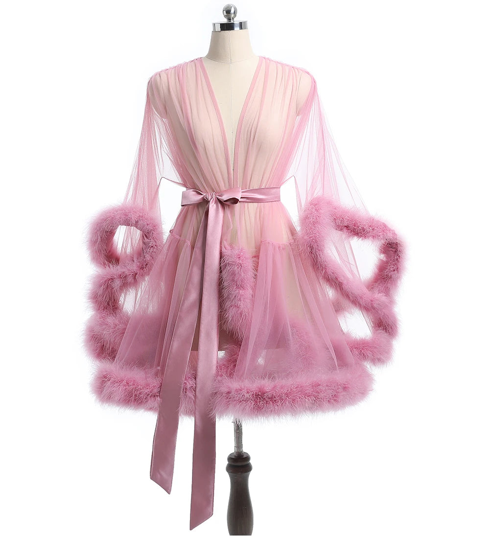 Sheer Bridal Robe with Feathered Hem & Satin Tie – Custom Sizing | SelenaHuanStudio