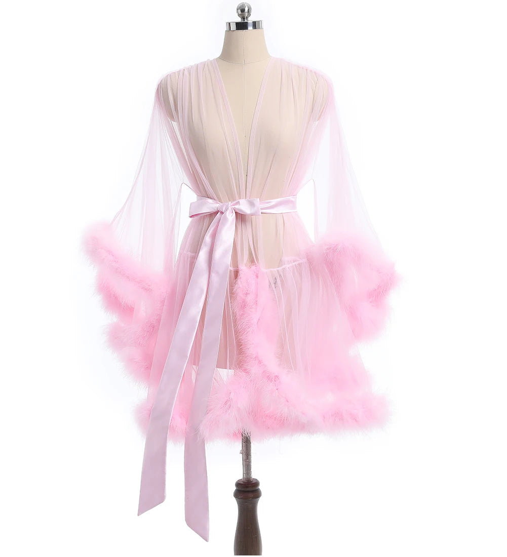 Sheer Bridal Robe with Feathered Hem & Satin Tie – Custom Sizing | SelenaHuanStudio