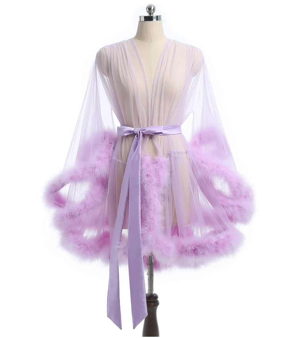 Sheer Bridal Robe with Feathered Hem & Satin Tie – Custom Sizing | SelenaHuanStudio