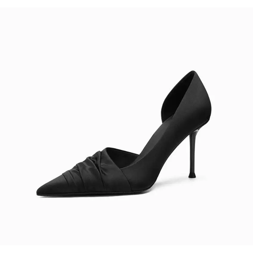 Ruched Black Satin Stiletto Heels – Pointed Toe | Royalessencelux