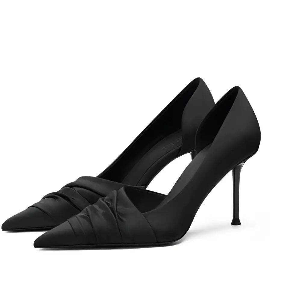 Ruched Black Satin Stiletto Heels – Pointed Toe | Royalessencelux